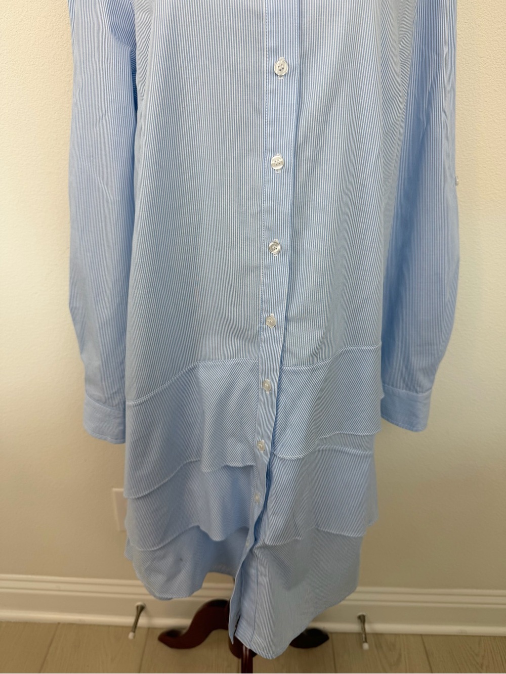 Finley Jenna Striped Cotton Chambray Ruffle Shirtdress Womens Blue White - Picture 7 of 16